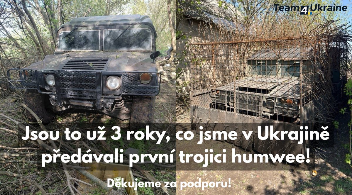 Team4Ukraine1's tweet photo. Jsou to tři roky, co jsme v Ukrajině předávali první trojici humwee. 

Je to jeden z desítek projektů, který jsme mohli realizovat díky Vaší podpoře a na který můžeme být společně hrdí. 💪

Nedávno jsme dostali od 503. samostatného praporu námořní pěchoty obrázky jednoho z původních a jednoho z později dodaných vozů. Mají za sebou stovky nasazení a stále slouží! 🫡

Vaše podpora se mění v pomoc, která je opravdu potřeba. ❤️‍🩹 Reálně zachraňuje životy a pomáhá napadené zemi se bránit. Děkujeme, že nejste k osudu napadené země lhostejní! 🇨🇿🤝🇺🇦

https://t.co/6FfUR4MEiY

#Ukrajina #svetlemprotitemnote