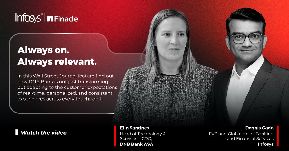 Finacle's tweet image. Watch this insightful feature on @WSJ, where Elin Sandnes (DNB) and Dennis Gada share how rising customer expectations are reshaping banking: lnkd.in/d8wd3Vhh

From real-time, always-on interactions to personalized experiences - relevance is everything.

#FutureOfBanking