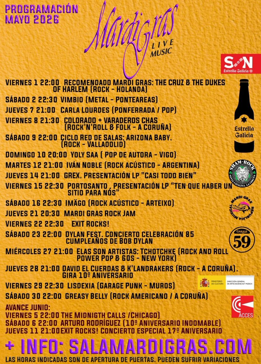 SalaMardiGras's tweet photo. Llega mayo!! Antes, esta noche, INADAPTADOS y LOW GAIN desde las 22:00. 10€ antic y 12 taq.  Sorteo de @entradas y @estrellagalicia en Ig y Fb. ¿A cuales te vienes?
@silcerino @idealgallego @RadioCoruna @vocescoruna @laopinioncoruna @OzzyDeCastro @quincemil15000 @XoiXiJinping https://t.co/o25cSfQo0l
