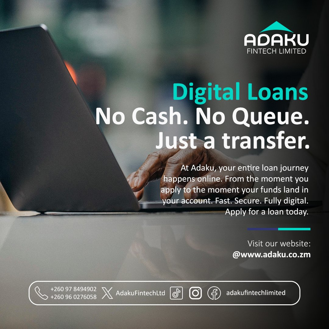 AdakuFintechLtd's tweet image. No cash. No queue. No stress. Just a fast, fully digital loan experience delivered straight to your account. At Adaku, we have made borrowing as simple as it should be.

Apply today 
adaku.co.zm

#loans #foryou #finance