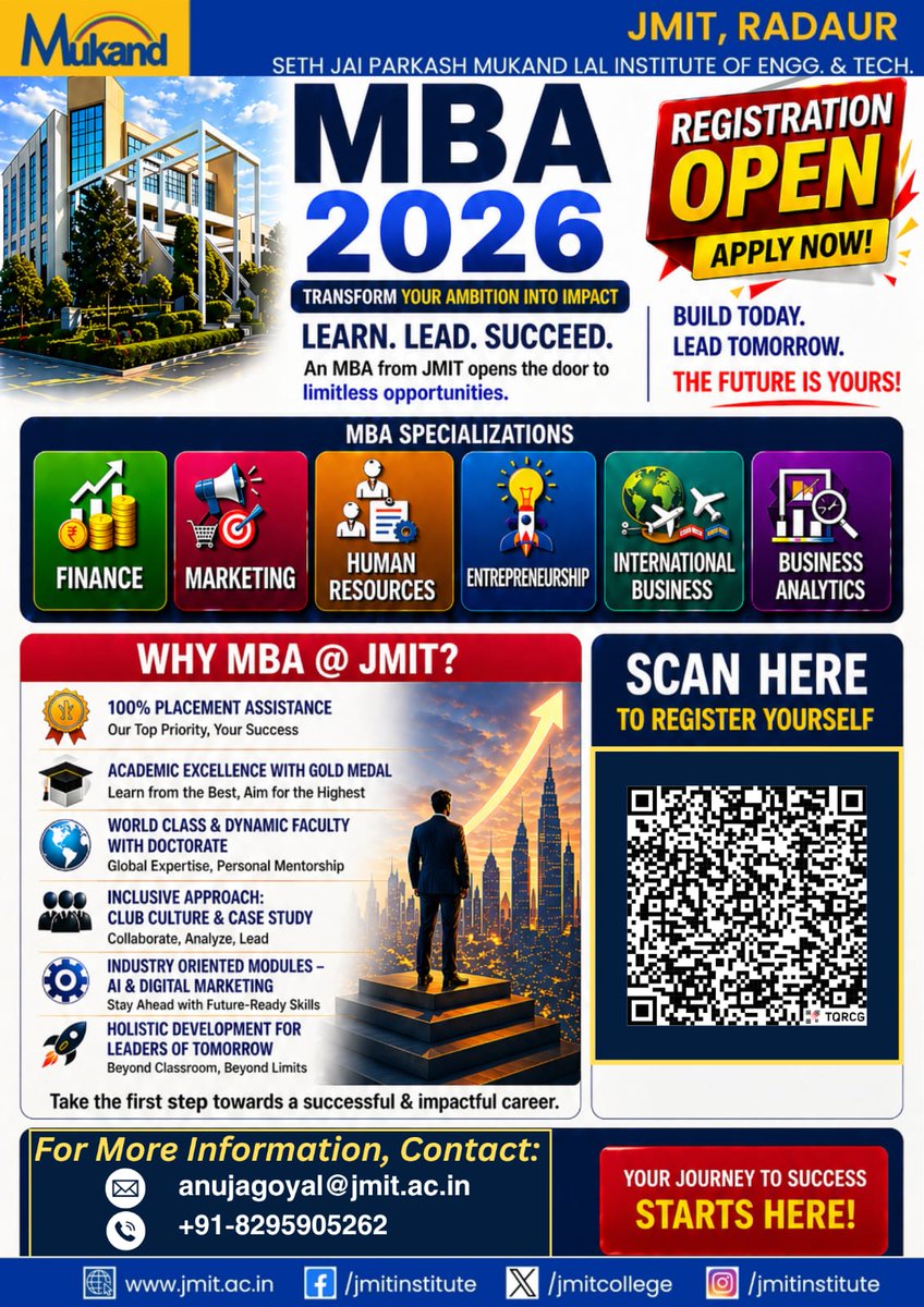 JmitCollege's tweet image. Start Your Journey with an MBA from JMIT, Radaur!
Transform your ambition into impact with MBA 2026 at Seth Jai Parkash Mukand Lal Institute of Engineering &amp;amp; Technology.

#MBA #JMIT #FutureLeaders #BusinessEducation #Placements #HigherEducation #JMITRadaur #RegisterNow