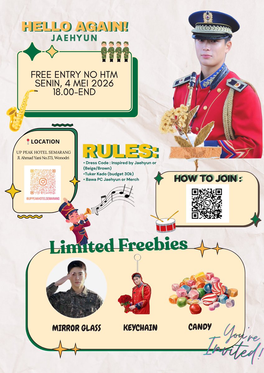—𝐇𝐞𝐥𝐥𝐨 𝐀𝐠𝐚𝐢𝐧! 𝐉𝐚𝐞𝐡𝐲𝐮𝐧
to celebrate comeback for military services✨

📅 Monday, 04 May 2026
🕕 18.00-END
📍UP PEAK HOTEL SEMARANG 

more info on pict———
see you there, Vals😘🫶🏻

WAJIB MASUK GRUP
-maaf karna adanya perubahaan tempat🥺🙏🏻

#Jaehyun #정재현
