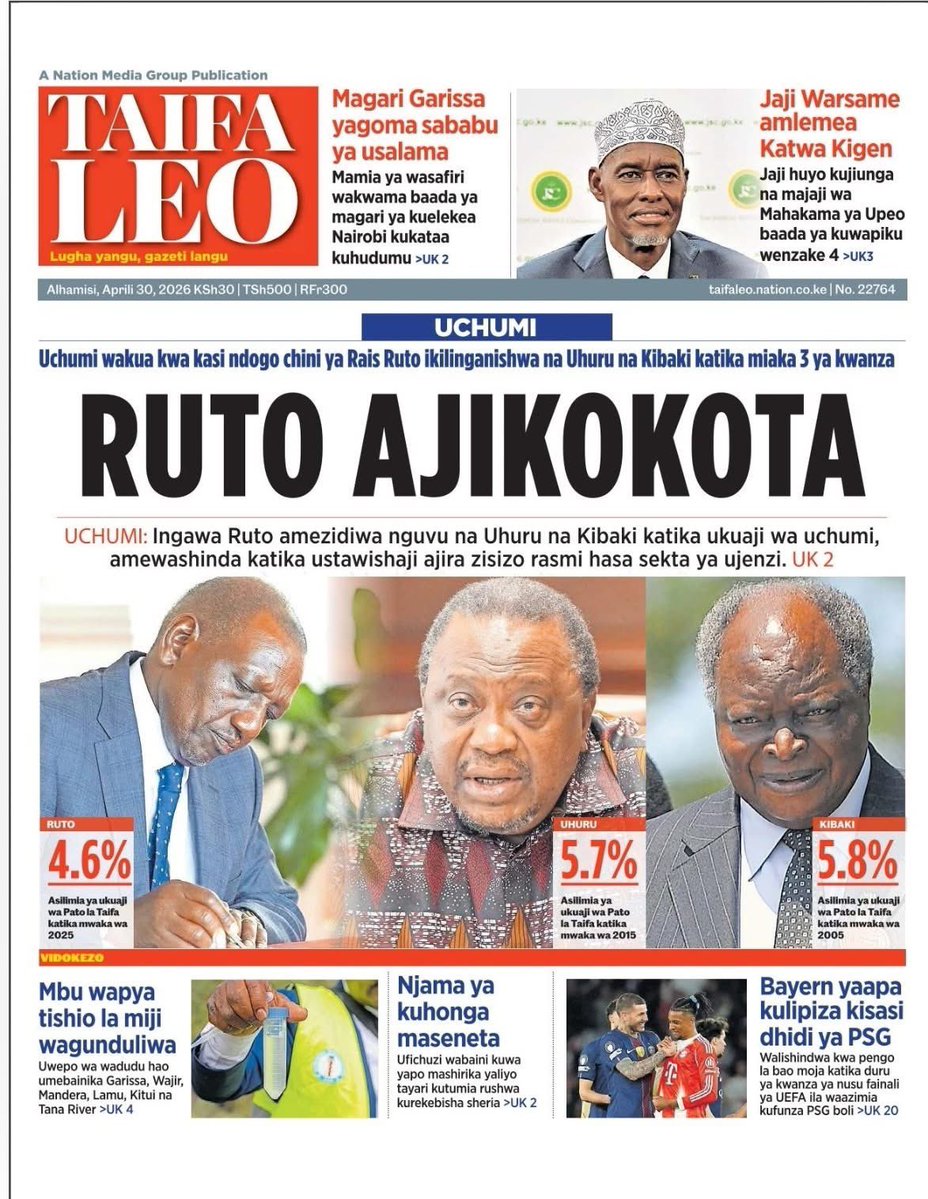 MwanzoTvPlus's tweet image. #KENYA: Magazetini Leo...          

 Taifa Leo, Daily Nation, The Standard, People Daily 

Alhamisi Aprili 30, 2026