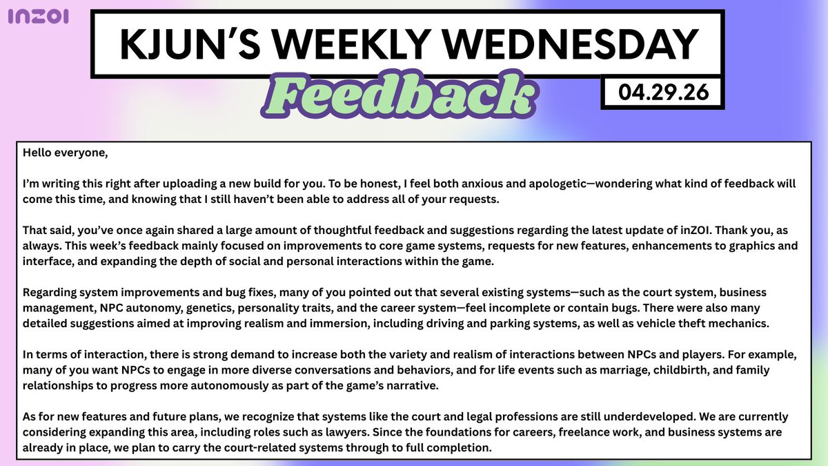 inZOIDailyNews's tweet image. 04/29/26: Weekly Wednesday Feedback (inZOI)     

🚨 EARLY ACCESS: game still in development 🚨

#inzoi #sim #feedback