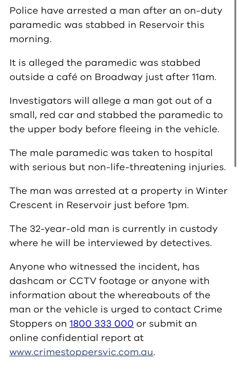 Breaking: Police have confirmed a man has been arrested after a paramedic was stabbed  outside a Melbourne cafe this morning.
That paramedic is now in hospital with serious injuries.