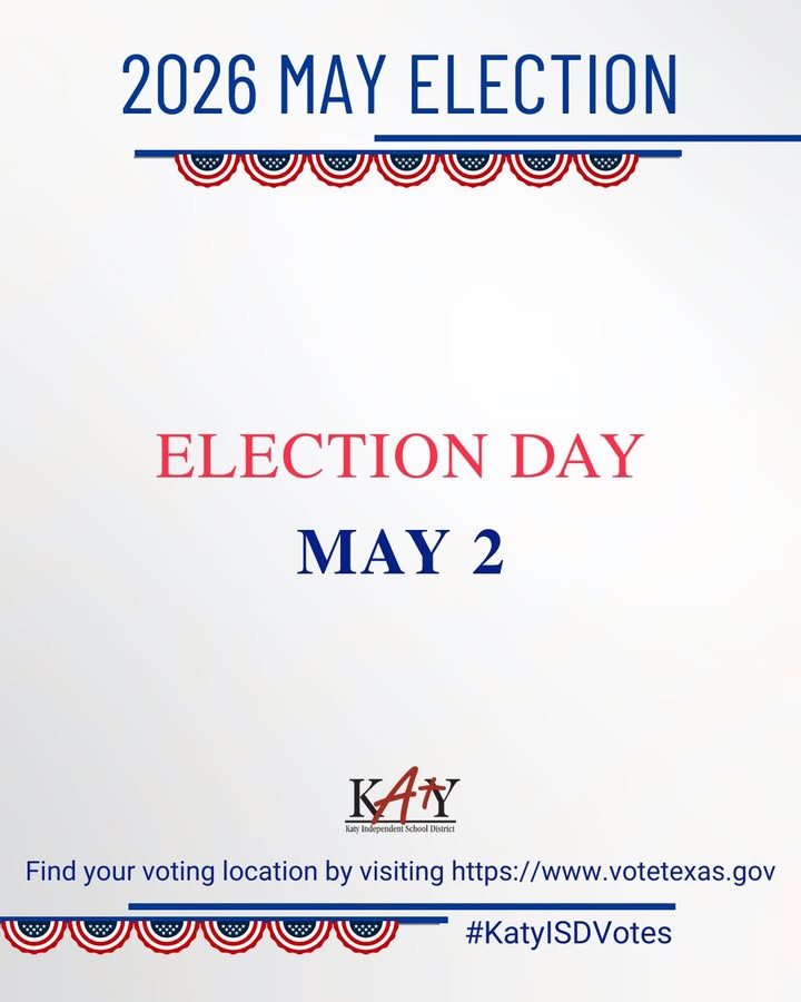 greene345's tweet image. From KATY ISD: Election Day is May 2: Election Day is May 2.
 
 Cast your vote and take part in the Katy ISD election. After voting, share your photo and tag #katyisdvotes or #ivoted to encourage participation.
 … l.txlions.org/TSHwZt #ElectionDay #Vote #KatyISD #KatyISDVotes
