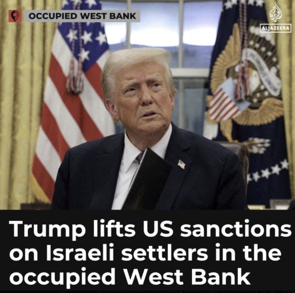 CounterAIPAC's tweet photo. One of the first (outrageous) things that this convicted felon did was to lift sanctions on israeli terrorists in the West Bank to facilitate the planned illegal annexation. Explicitly-violent footage has gone viral multiple times, but in case you were shielded, these 'settlers' are more violent than rabid dogs & were deeply indoctrinated into hate & supremacy (the very ugly kind). Some are American sex offenders escaping sentencing (yes, Google it)! The sanctions were very mild in the first place, compared to their depraved crimes including murder & arson. 

Part of the anticipated ceasefire deal SHOULD indeed stipulate the reinstatement of all US sanctions and more!