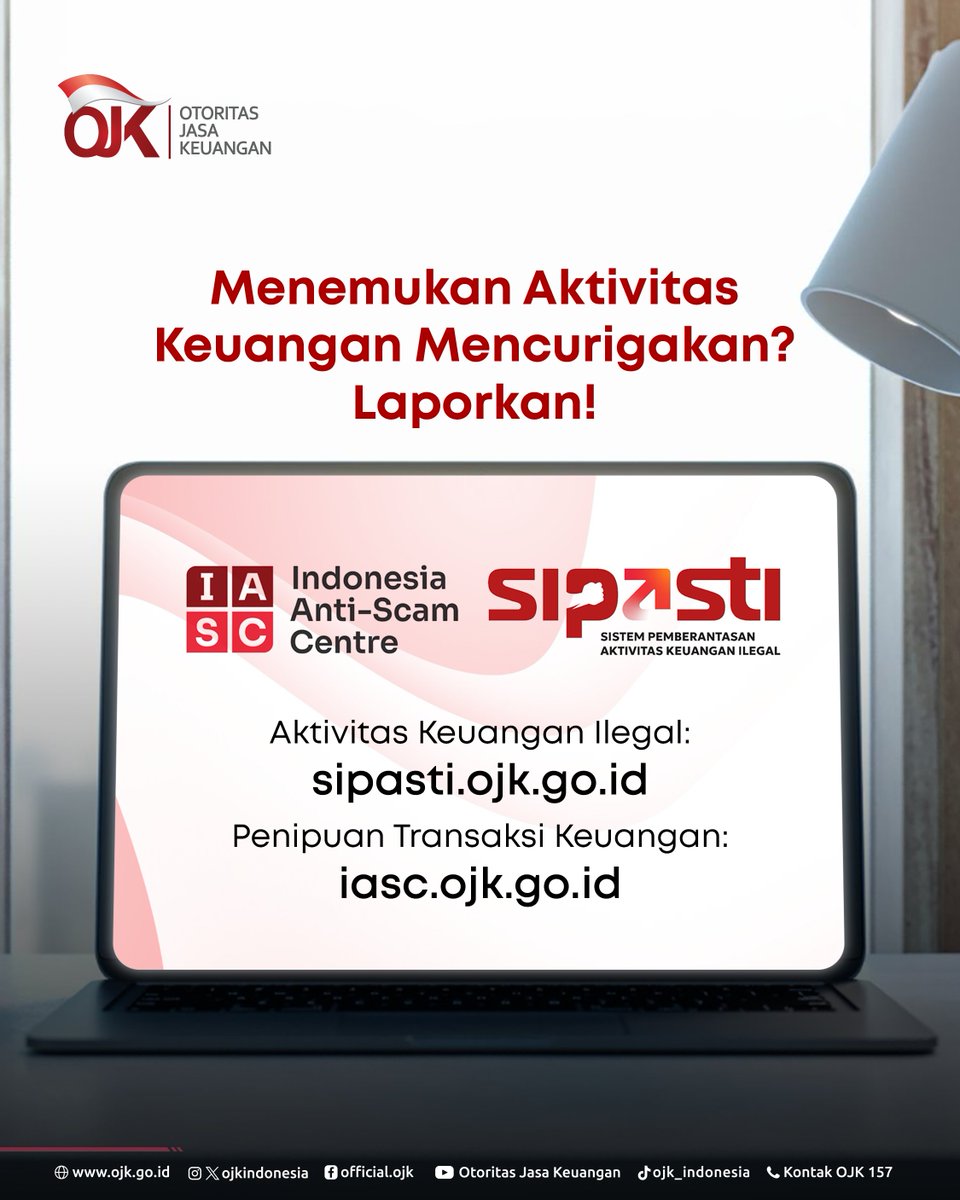 ojkindonesia's tweet photo. Jika kamu menemukan aktivitas keuangan mencurigakan atau menjadi korban penipuan, laporkan segera melalui:
➡️Aktivitas Keuangan Ilegal: https://t.co/MXKVmBOpVe
➡️Penipuan Transaksi Keuangan: https://t.co/4PoLMkLjhi
#OJKIndonesia #SatgasPasti #IASC #PelindunganKonsumen https://t.co/WuD29PGz67