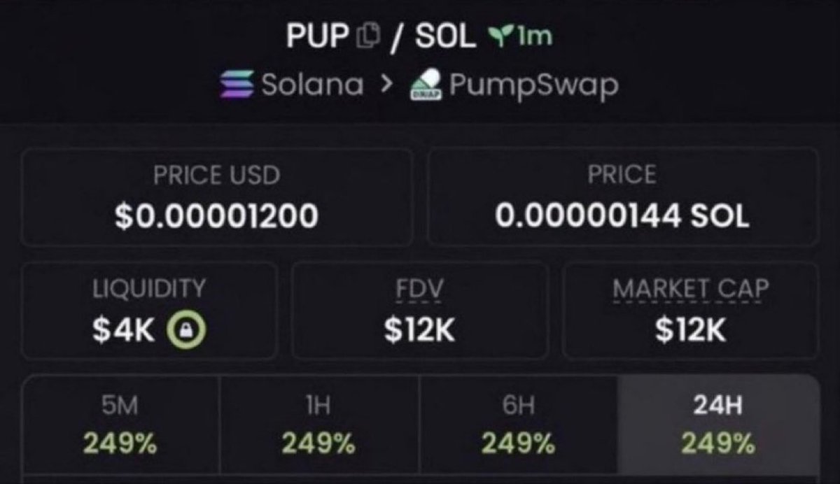 vectordeskxyz's tweet image. 💎 $PUP
📍 Entry: ~$12K MCAP
📊 Early positioning with strong upside potential

CA: HrMp2mmpyDZJ65Mspzib7NJPXeZe2cvY5stfHG9nhWTH

#sstvi #Solana #memecoin