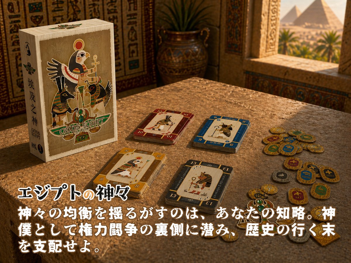 BokuyadoKyoto's tweet photo. 今回の #ゲムマ2026春 にて頒布！ 台湾発の新作ボードゲームを先行紹介します。

【エジプトの神々】神々の均衡を支配せよ
「トリテ × 推し引き × 秘密の誓い」が融合！ トリックの勝敗で天秤を揺らし、影響力を操作。 密かな「忠誠の誓い」と鋭い「予言」が勝負を決める、策略と心理戦が交錯する本格エジプト神話トリテです。

👥 1–5人（ソロプレイ可！） 
⏱ 20–30分
💰 2,500円

豪華なコンポーネントも必見！
 ▼取り置き予約はこちらから
https://t.co/i5thP5hzpm