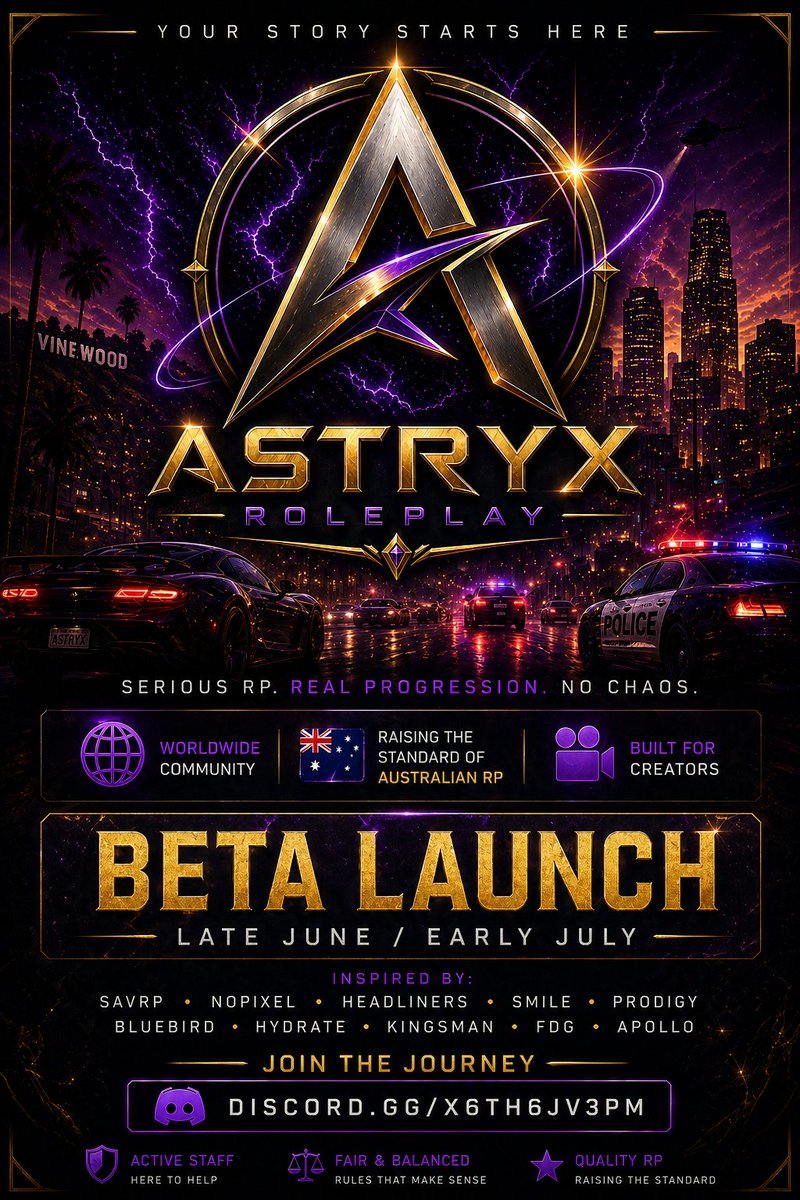 AusNight1's tweet image. ASTRYX ROLEPLAY
 BETA LAUNCH — Late June / Early July
Serious RP. No chaos. Real stories.

🌍 Open to everyone
🎥 Built for creators

Join: discord.gg/X6th6jv3pm
#FiveM #GTA5RP #SeriousRP #RPCommunity #FiveMServer #AussieRP #GamingAU #ContentCreators #JoinTheCity