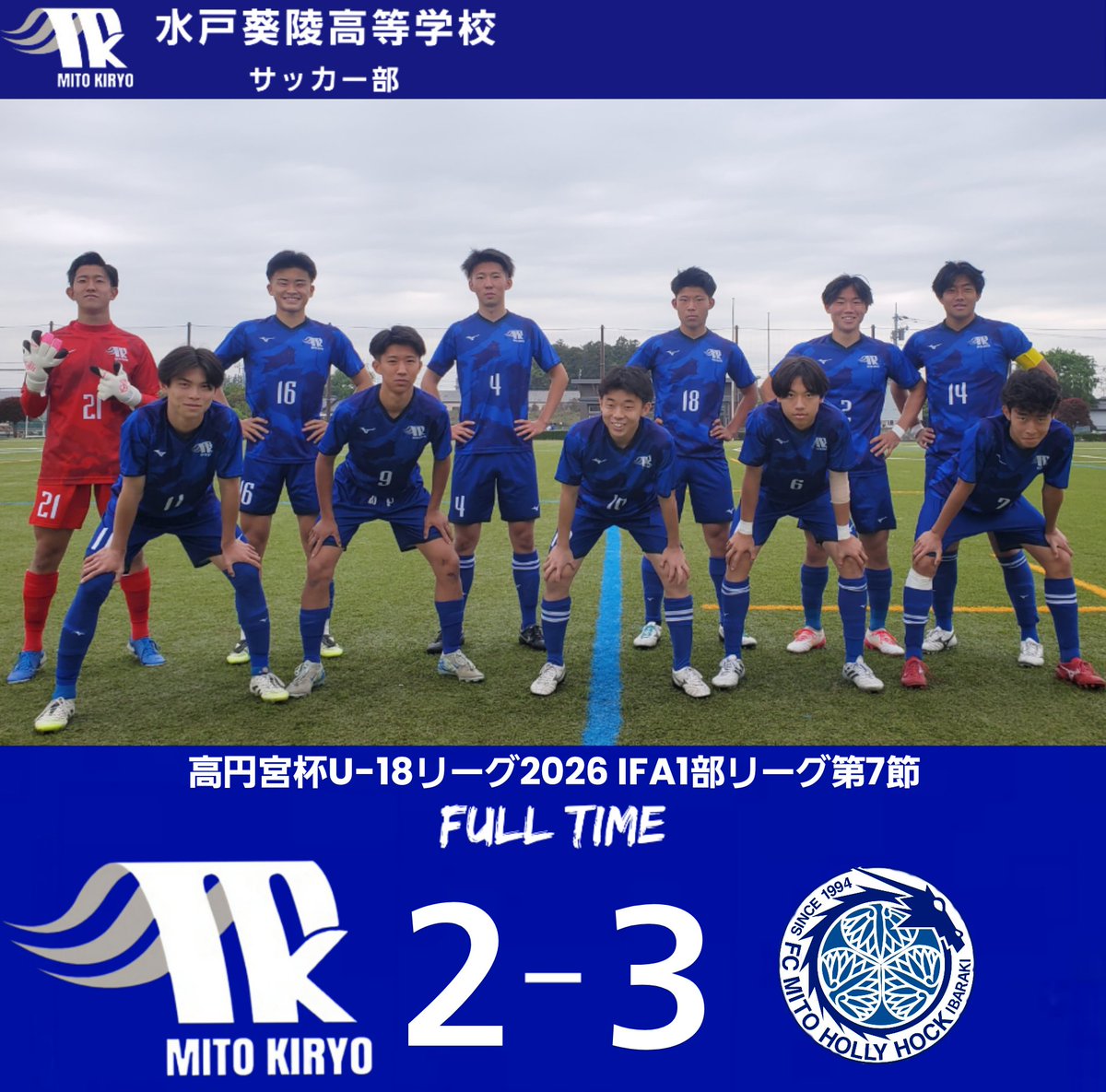 Kiryo_310's tweet photo. 〖TOP TEAM〗
🏆 高円宮杯 U-18リーグ2026 IFA1部リーグ 第7節
🗓 ４/２９(水)
🆚 #水戸ホーリーホック ユース
２-３

〖得点〗
１９.金澤 璃久（ ６.大内 柚稀）
２４.青木 翔（１９.金澤 璃久）

詳しくはコチラ👉https://t.co/liaHEJoW8h
#水戸葵陵 #サッカー #高校生 https://t.co/tliXXKFwsX