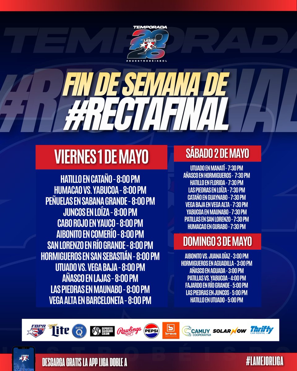 BeisbolDobleA's tweet photo. ¡Fin de semana de #RectaFinal!
🎟️ Boletos a $9 en https://t.co/QVeG0R8kDB
📲 Para más detalles accede a https://t.co/HVOW36N2yc o baja gratis en tu celular la app Liga Doble A.
#LigaDobleA https://t.co/TUN3NQoLbV