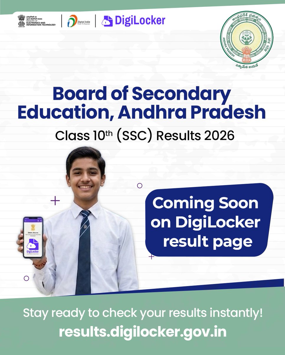 digilocker_ind's tweet photo. 📢 Big Update for Students!
Board of Secondary Education, Andhra Pradesh, Class 10th (SSC) Results 2026 will be available soon on DigiLocker.
Your results, just a click away!
👉 https://t.co/nmrcVm9cvy
#Results2026 #DigiLocker #APSSC #DigitalIndia https://t.co/kcbAuoO3k6
