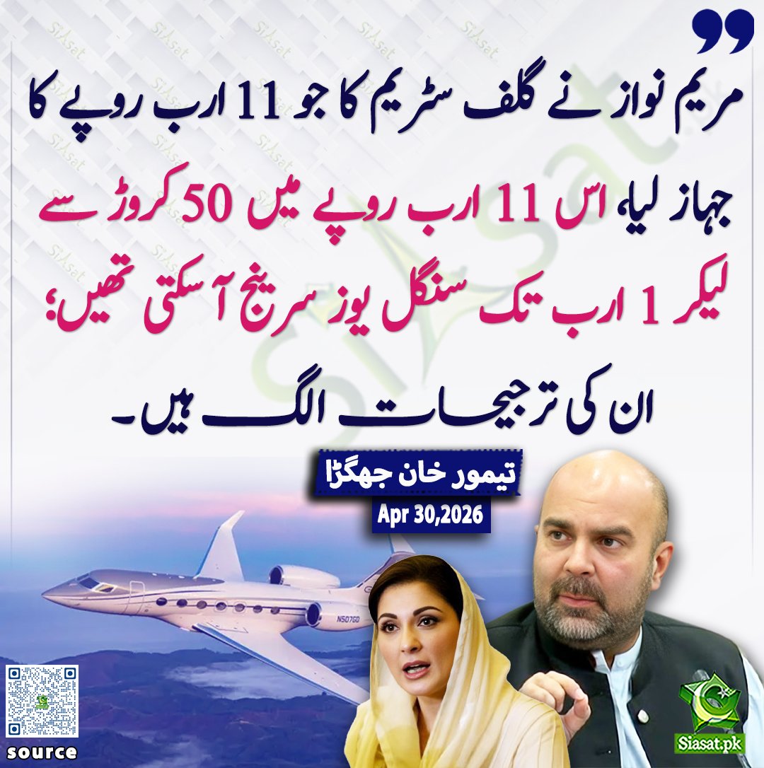 siasatpk's tweet image. "مریم نواز نے گلف اسٹریم کا جو 11 ارب روپے کا جہاز لیا، اس 11 ارب روپے میں 50 کروڑ سے لے کر 1 ارب تک 'سنگل یوز سرینج' آ سکتی تھیں؛ ان کی ترجیحات الگ ہیں!" تیمور سلیم جھگڑا

@Jhagra 

ویڈیو دیکھنے کے لیے QR Code Scan کریں
#Pakistan