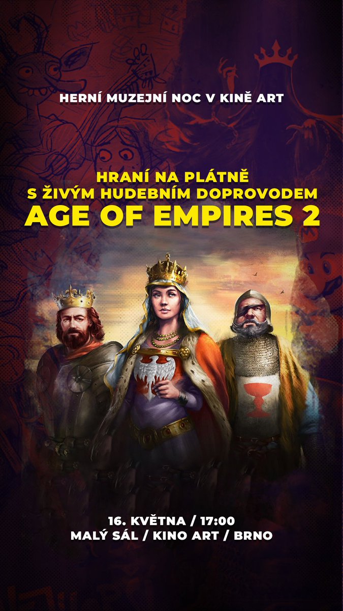 GamerPieFest's tweet photo. Na Brněnské muzejní noci 16. května v Kině Art uvidíte Age of Empires 2 jak jste ji ještě nikdy neviděli. Na plátně a s živým hudebním doprovodem. Ukážeme si některé z nových civilizací a samozřejmě nebude chybět ani hraní za Čechy.🪈🎻 https://t.co/o5EBtGkz0L