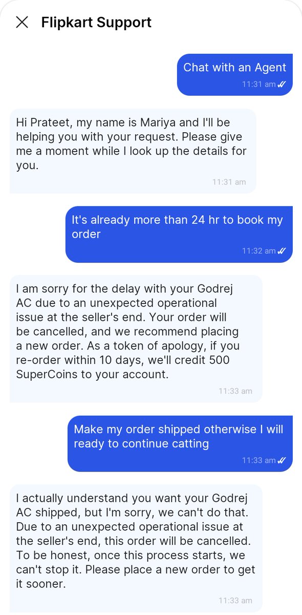 PrateetKumar14's tweet photo. @Flipkart @flipkartsupport Cheating! My AC order (ID: OD437404629006564100) at ₹30,511 was cancelled by you. Now price is ₹39,490!
​Your team gave only 4k SuperCoins for a 9k loss. Agent admitted it's a seller fault. Why should I suffer? Match the full price diff!
​#Flipkart https://t.co/SBrT0x5XCs