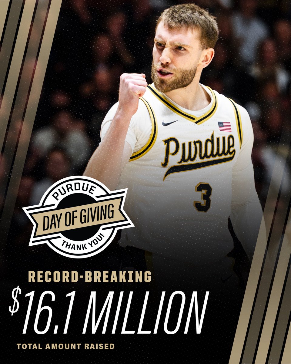 BOILER NATION SHOWED UP 🚂

Thank you for helping us break our previous #PurdueDayOfGiving record of $13 million. This is proof that the Boilermaker community believes in what we’re building. 

Boiler Up. Hammer Down. Hail Purdue.