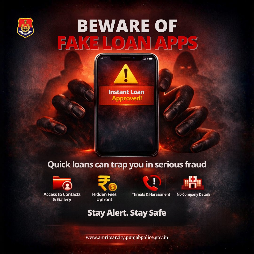 cpamritsar's tweet image. Fake loan apps may promise “instant approval,” but they often come with hidden traps, stealing your data, charging upfront fees and even threatening you later. Don’t fall for shortcuts that cost you your privacy and peace of mind.

#StaySafe