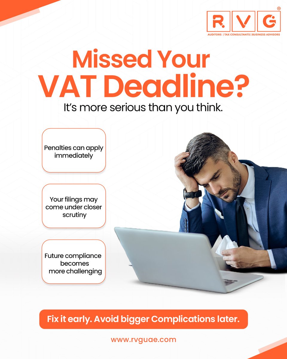 rvguae's tweet image. Missed your VAT deadline?
Penalties. Scrutiny. Compliance issues.
Fix it early before it escalates.

Book a FREE consultation now! rvguae.com/book-your-free…

#VAT #UAETax #TaxCompliance