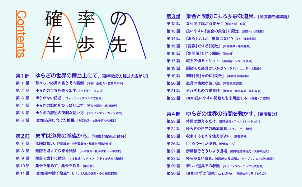 kspub_kodansha's tweet photo. 【🌟近刊予約受付中🌟】
＼ 2026年6月25日(木)発売 📝／

大久保 潤
『確率の半歩先
　予測・拡散モデルに挑む前の30話』

甘利俊一先生推薦✨

AIの時代がやってきた。これを理解するにも確率・統計は役に立つがそれだけでは物足りず、もう少し先の確率論を学んでみたいと思うだろう。ところが確率論は純粋数学のきつい崖の上に立っていて登り難い。その崖を乗り越えるべく準備されたのが本書である。「半歩先」から見る景色は素晴らしい。確率・統計の仕組みが良く分かるだけではない、数学の壁が登れる。本書は私にも良い勉強になった。心から勧めたい。

――甘利俊一(理化学研究所栄誉研究員/東京大学名誉教授)