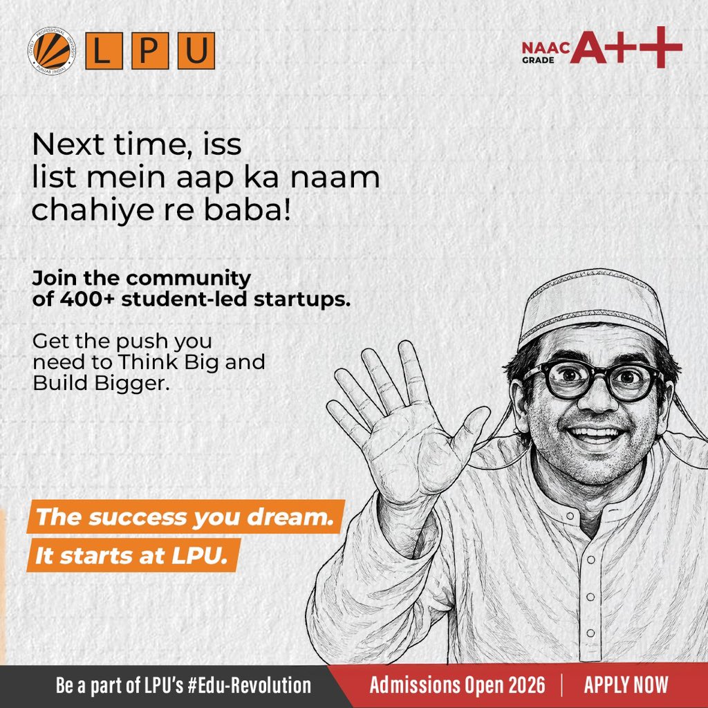 lpuuniversity's tweet image. Idea hai. Passion hai. Execution? Do it at LPU! 🚀
Some update LinkedIn… our Vertos build startups.
Same internet. Same 24 hrs. Different ecosystem.
Don’t just say “startup karna hai”… start it here.
Admissions Open 2026; #ApplyNow at lpu.in!
#StudentStartups