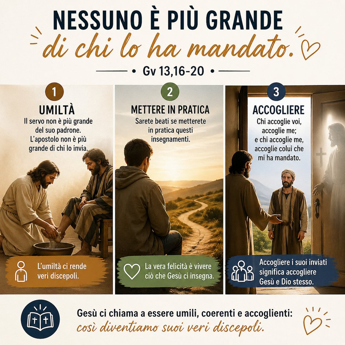 AnnaMDiGennaro's tweet image. L’umiltà ci rende veri discepoli.
La felicità nasce dal vivere ciò che Gesù insegna.
Accogliere gli altri è accogliere Dio. ✨
#Vangelo #Giovanni #Fede #VitaCristiana