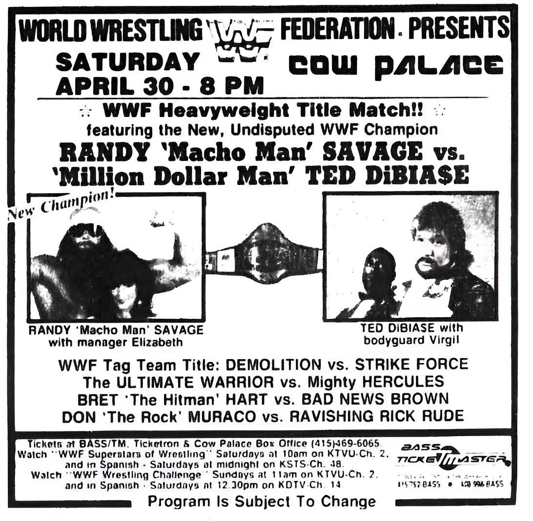 WWFWrestling1's tweet image. On this day in 1988: A WWF spectacular at the Cow Palace, Daly City, California! 🤼 #WWF #WWE #Wrestling #TedDiBiase #RandySavage