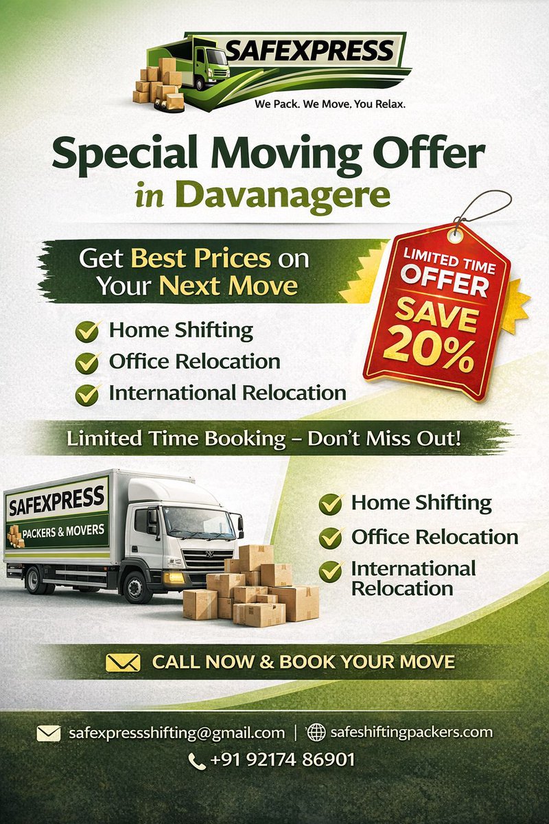 SPackers48232's tweet image. 📦 Moving in Davanagere?

Choose Safexpress for:
✔ Safe Packing
✔ Fast Transport
✔ Stress-Free Shifting

📞 +91 92174 86901
🌐 safeshiftingpackers.com
📧 safexpressshifting@gmail.com

#PackersAndMovers #Davanagere #MovingMadeEasy