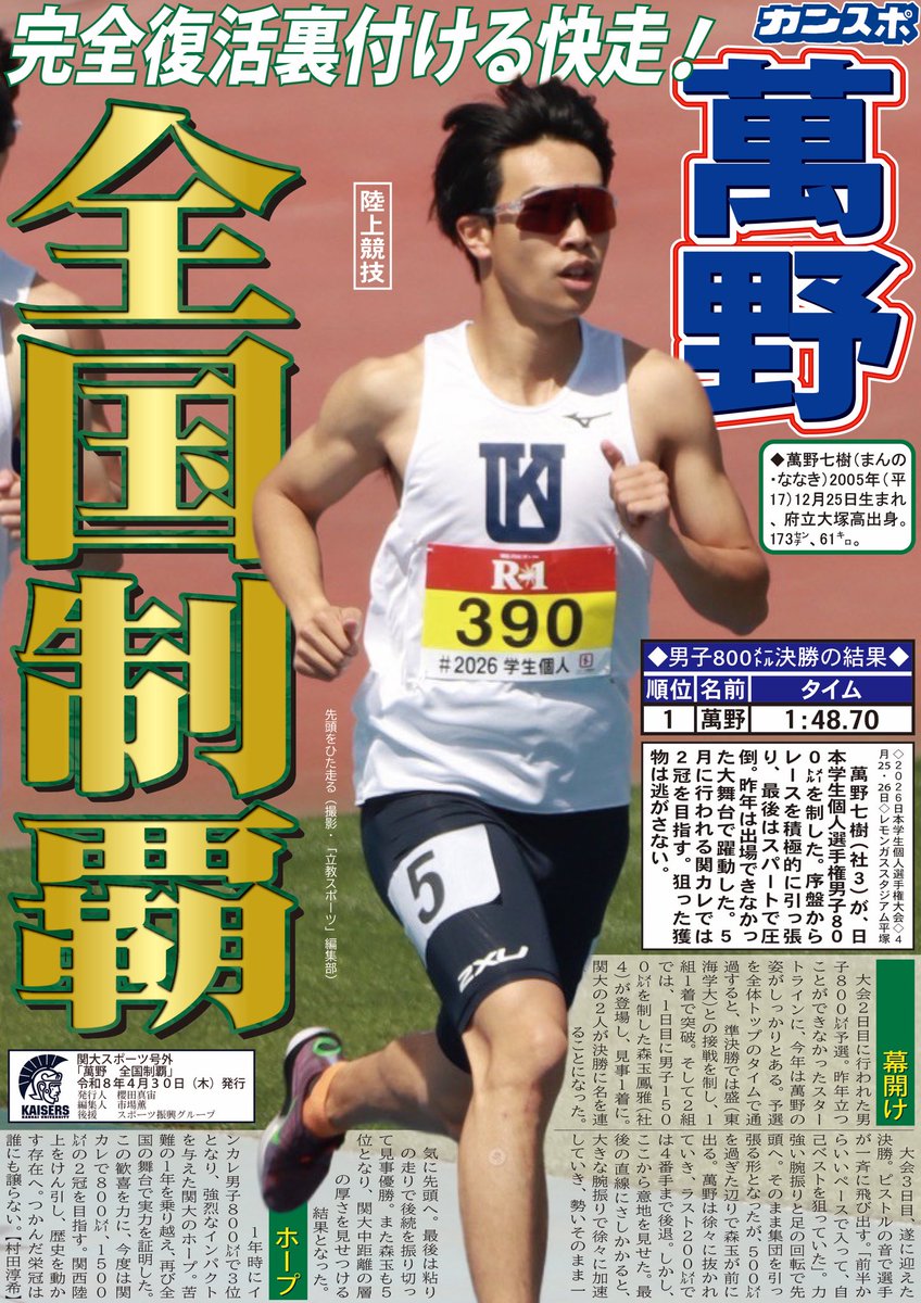 陸上競技】号外／2026日本学生個人選手権大会／4月25・26日／於