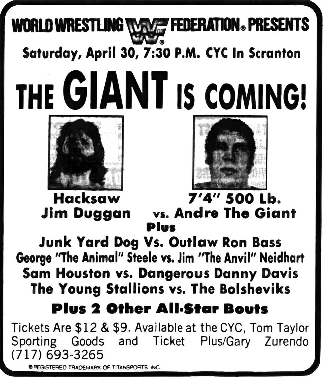 WWFWrestling1's tweet image. On this day in 1988: The WWF live in action at the CYC in Scranton, Pennsylvania. 🤼 #WWF #WWE #Wrestling #JimDuggan #AndretheGiant