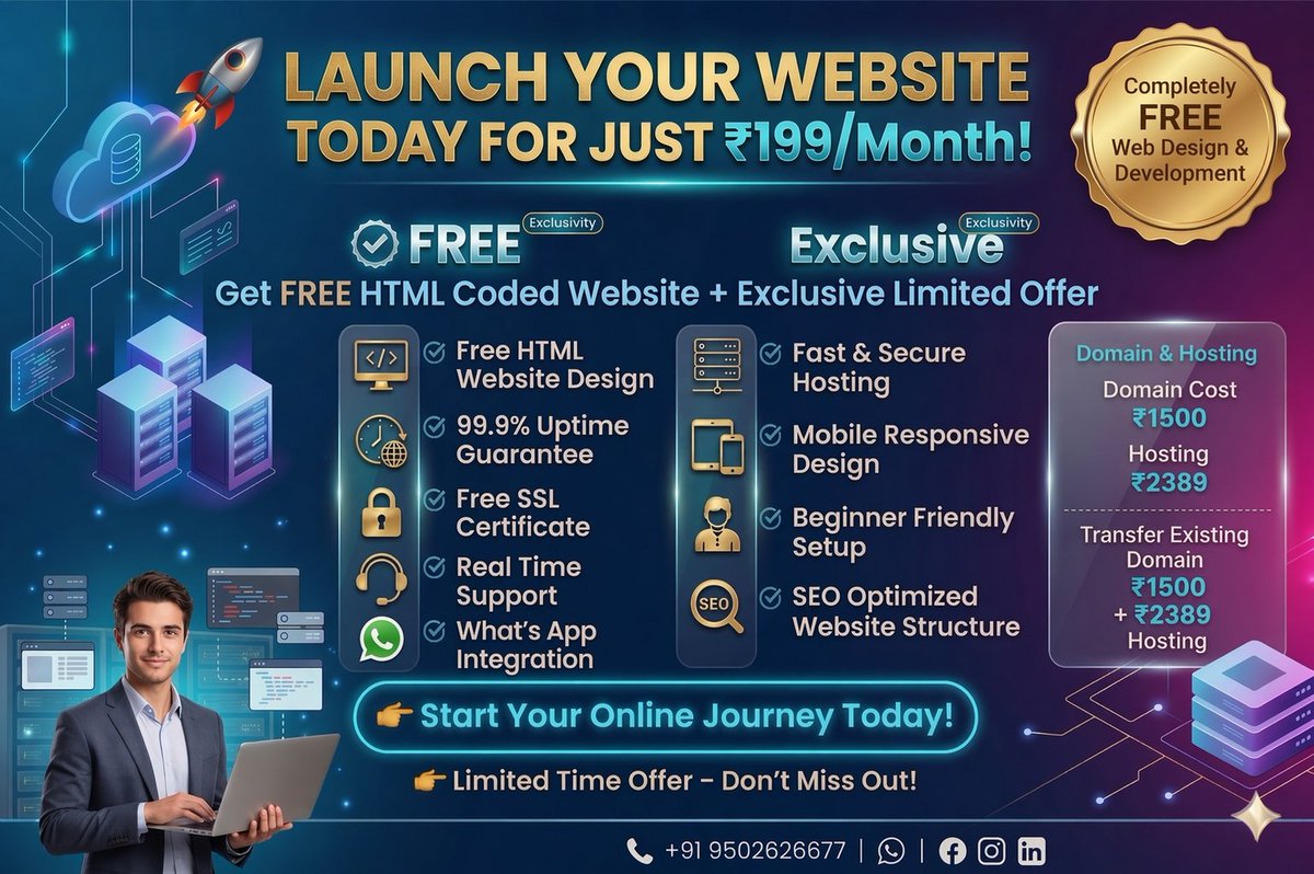 SalehAhmed95258's tweet image. Launch your website at just ₹199/month 🚀

✔️ Free website
✔️ SSL included
✔️ SEO ready
✔️ Fast hosting
Perfect for startups &amp;amp; small businesses
📞 +91 9502626677
#WebDesign #Startup #SEO #DigitalMarketing