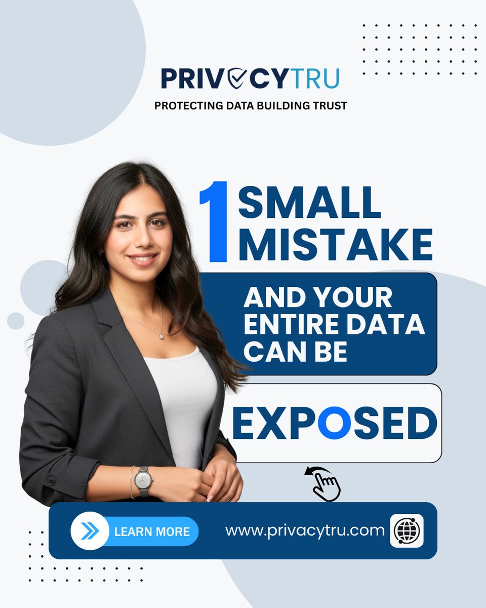 PrivacyTru's tweet photo. One small mistake… and your entire data can be exposed. 
Yes, it’s that simple.

🔐 Stay aware. Stay secure. Stay private. 

Follow @PrivacyTru for more real-world data protection insights. 

#DataPrivacy #CyberSecurity #DataProtection #OnlineSafety #StaySafeOnline
#PrivacyMatters #DigitalSecurity #InfoSec #TechAwareness #PrivacyTips
#DPDPAct #CyberAwareness #InternetSafety #DataSecurity #PrivacyTru