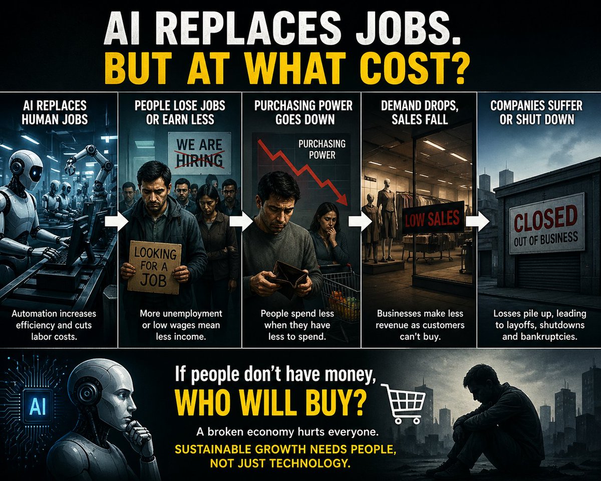 508_com24144's tweet photo. @QvAmi10446 If AI replaces a huge chunk of jobs, pushing people into unemployment or lower pay… won’t that crush purchasing power, reduce spending, and eventually hurt companies themselves?

Like—who exactly are businesses expecting to sell to if consumers can’t afford to buy anymore? 🤔 https://t.co/Z1h43FNIVW