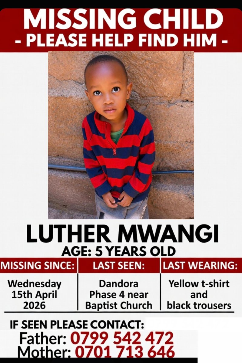 Guys Luther mwangi is still missing retweet widely until we find him. 🙏🙏

If you have any information about the wearbouts of Luther Mwangi you can call;
☎️0799542472- John Maina Gicheru(Baba mtoto)
☎️0701713646- Joyce the mum