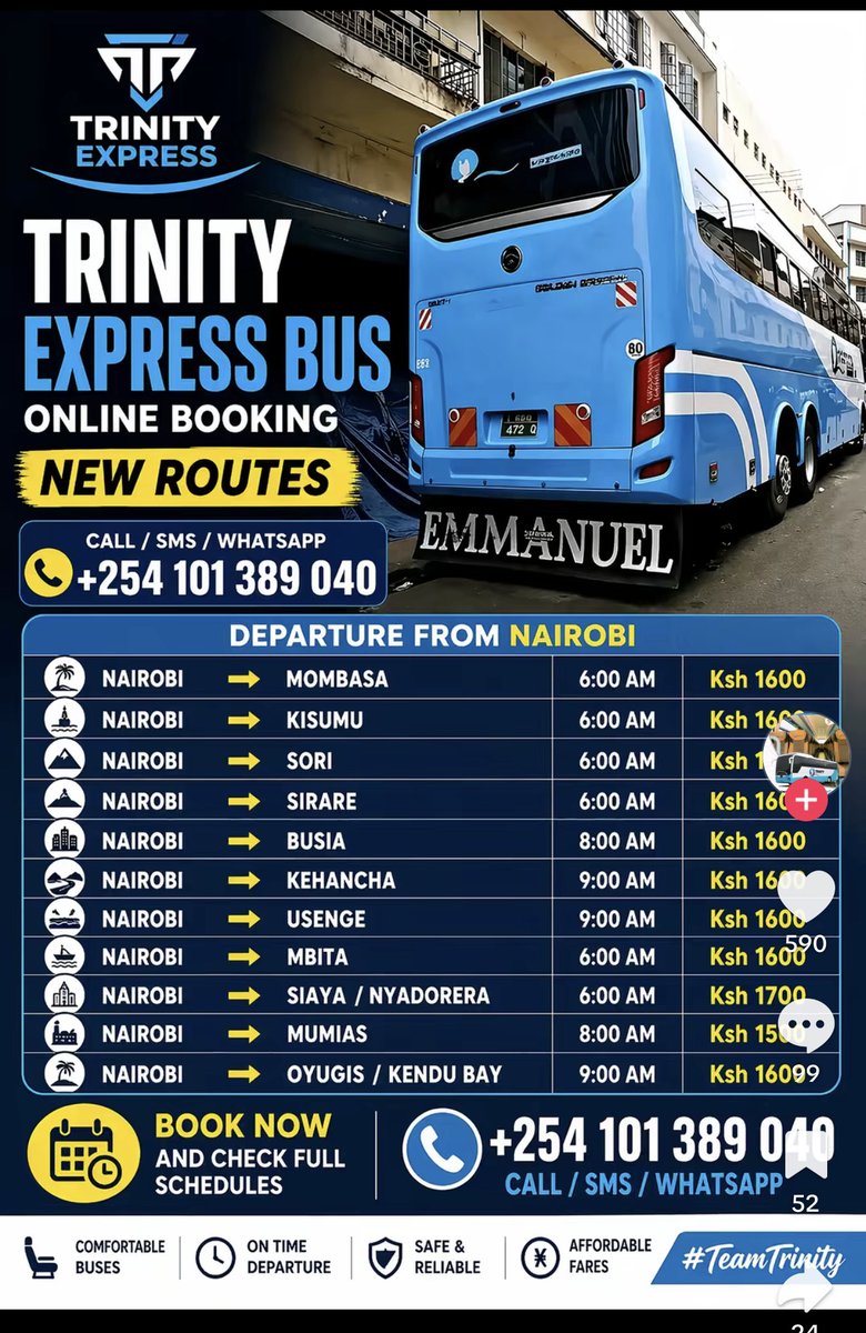 I am sure you have seen this circulate on Social Media especially Facebook and TikTok. I have since established that this is fake. Trinity Express only operate on the Nairobi-Kigali via Kampala, Nairobi-Kampala via Busia and Nairobi-Juba Routes. 

Spread the Word. Usigongwe!