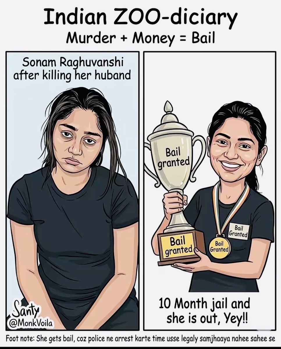 Case tha honeymoon pe husband ke murder ka.
10 mahine jail mein rahi… phir bail mil gayi.

Aur reason?
Police ne procedure mein galti kar di.

Matlab crime chhota ya bada matter nahi karta…
file ki line seedhi honi chahiye.

Waah bhai waah 👏