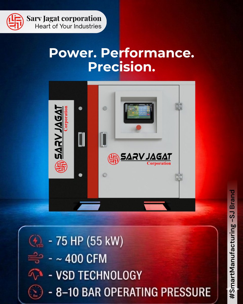 SarvJagat's tweet image. Power. Performance. Precision — built into one system.

Presenting SJ 75 HP (55 kW) VSD Screw Compressor, delivering 400 CFM with stable 8–10 bar operation. Designed for industries that demand consistent airflow, energy efficiency.

#AirCompressor #VSDCompressor #EnergyEfficiency