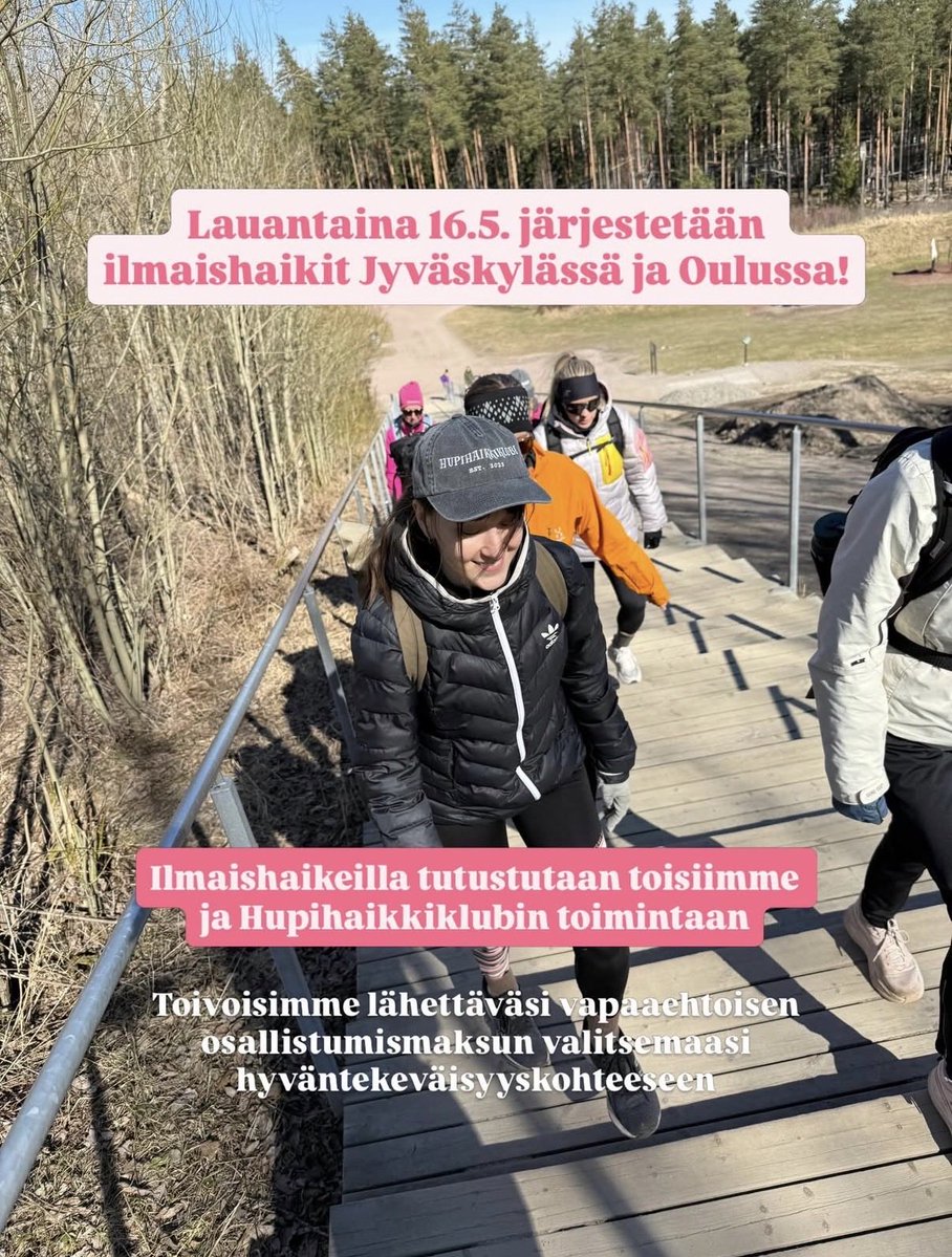 OllikainenNiina's tweet image. Hei NAISET ❤️ kiinnostaako retkeily mutta ei ole kaveria? Oletko kuullut Hupihaikkiklubista? #hupihaikkiklubi on @lottahintsa perustama naisten haikkiyhteisö. Lauantaina 16.5.2026 pääset kokeilemaan ilmaiseksi #Jyväskylä ja #Oulu #retkeily 🤩🥰 hupihaikkiklubi.fi