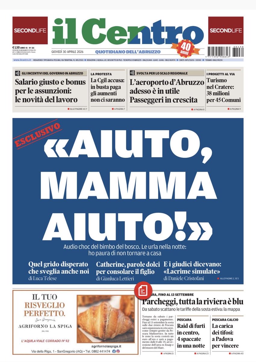 Quel pianto disperato del bimbo del bosco nella casa. La nostra prima pagina di oggi 

#ilcentro