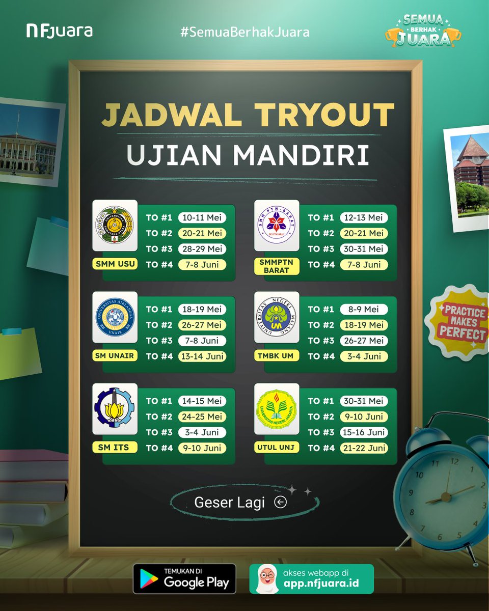 nfjuara's tweet photo. CATAT JADWAL TRYOUT UJIAN MANDIRI NF JUARA BULAN MEI HINGGA JULI 2026 🔥🔥🔥 https://t.co/O17Ga5wsEK