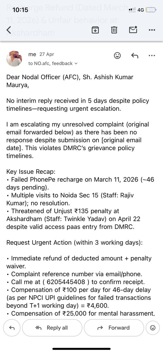 Y4yashuuuu's tweet image. 50 days se PhonePe DMRC recharge refund pending! Nodal no reply. Help? #DMRC #Refund” @OfficialDMRC 
#justce
