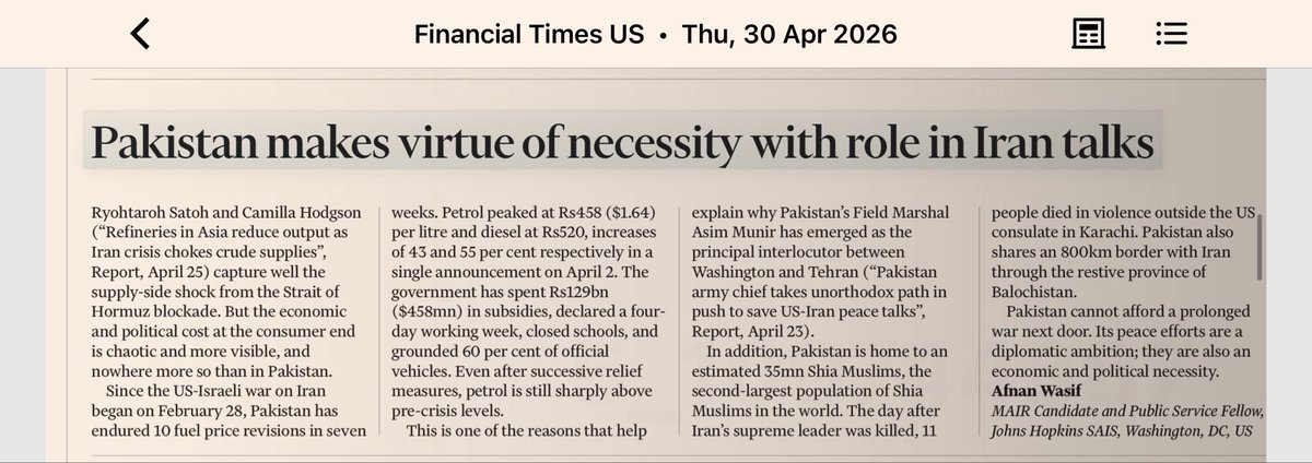 afnanwasif's tweet photo. In today’s @FT 

Pakistan’s civil-military leadership is working to shield the public from the worst spillover effects of the Middle East conflict.

[Correction: Pak-Iran border is 900km]
@SAISHopkins https://t.co/pIvvvLFveg