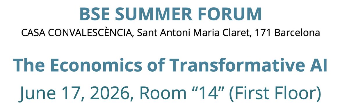 EduardTalamas's tweet photo. Super excited for "The Economics of Transformative AI" workshop coming up in the @bse_barcelona Summer Forum ! 

We are off to a great start with an outstanding program for this inaugural edition.  Link to program below. https://t.co/Ie9fTJZzqS