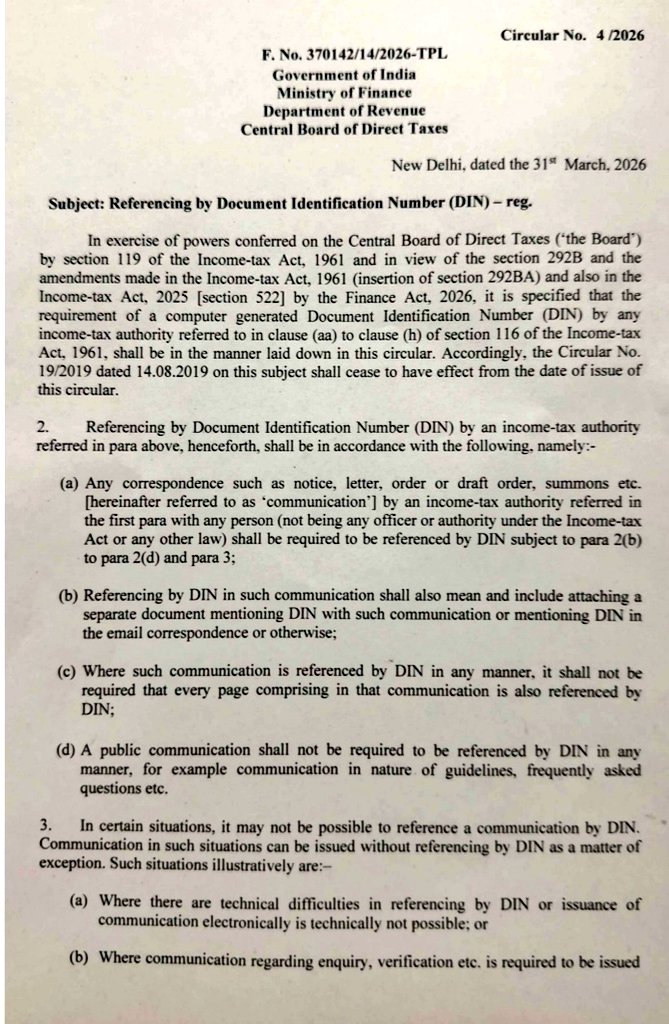 h_pongilath's tweet image. Ministry of Finance - Department of Revenue - Central Board of Direct Taxes - Referencing by Document Identification Number (DIN) Dt:31st March 2026 
#CBDT #DIN #Incometax