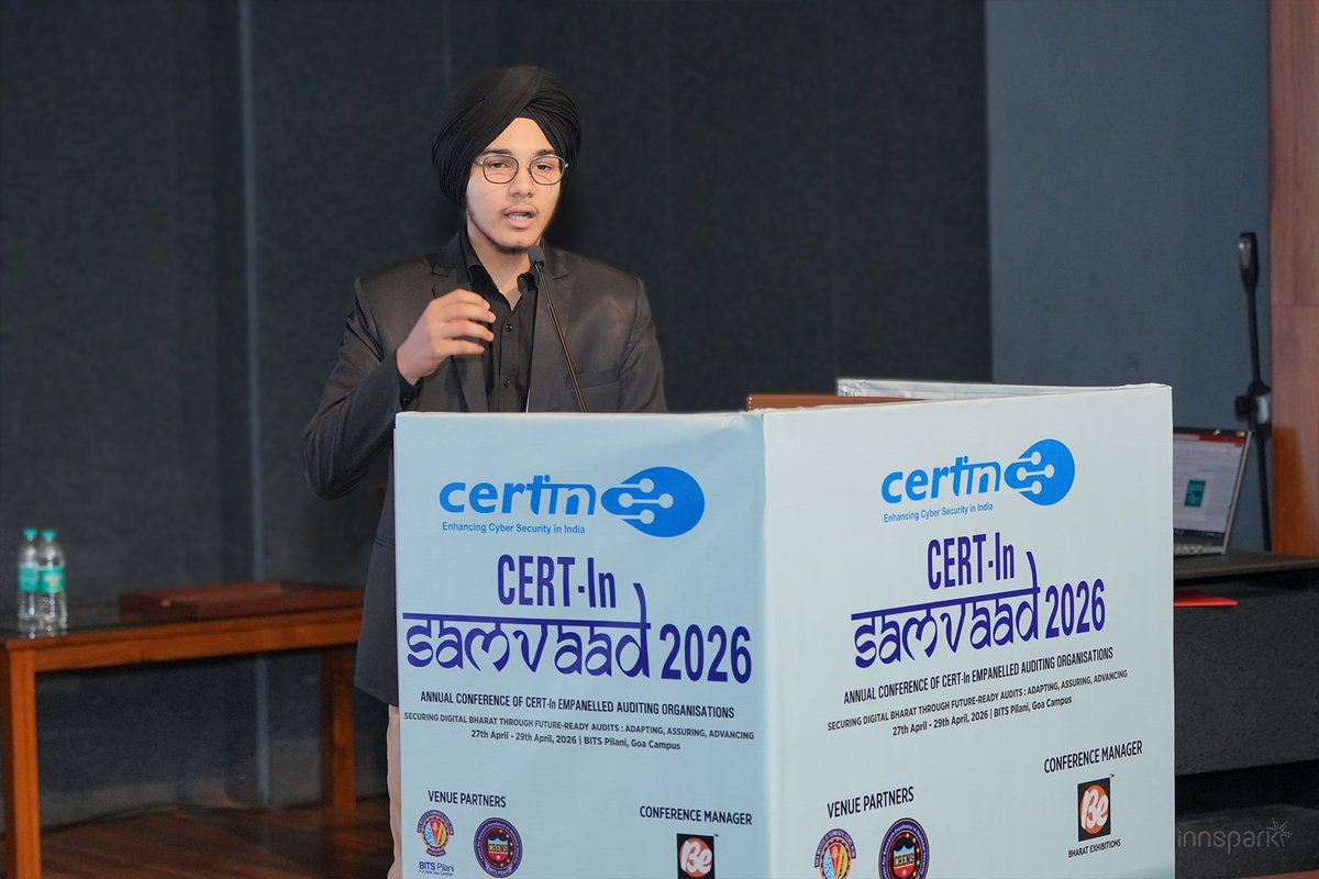 Team_InnSpark's tweet photo. From the floor at CERT-In Samvaad 2026.

Govindamrit G &amp; Gurjot Singh on BLE wearable ecosystem security and UPPGW vulnerabilities.

Appreciate the CERT-In team for the opportunity to present.

#CyberSecurity #CERTIn #Samvaad #InnsparkSolutions https://t.co/kjBpkFifkj