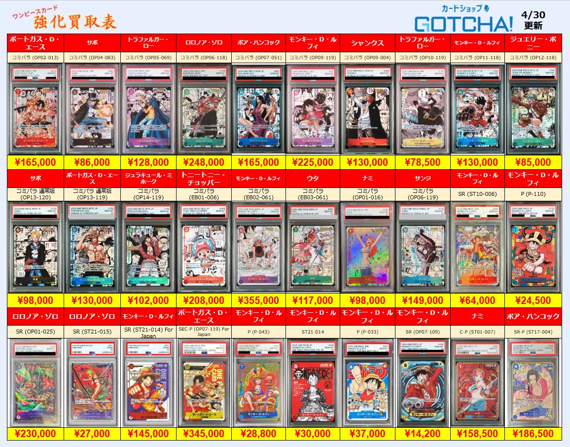 4/30更新 🚢ワンピースカードゲーム🌊 🏴‍☠️【PSA10 強化買取表