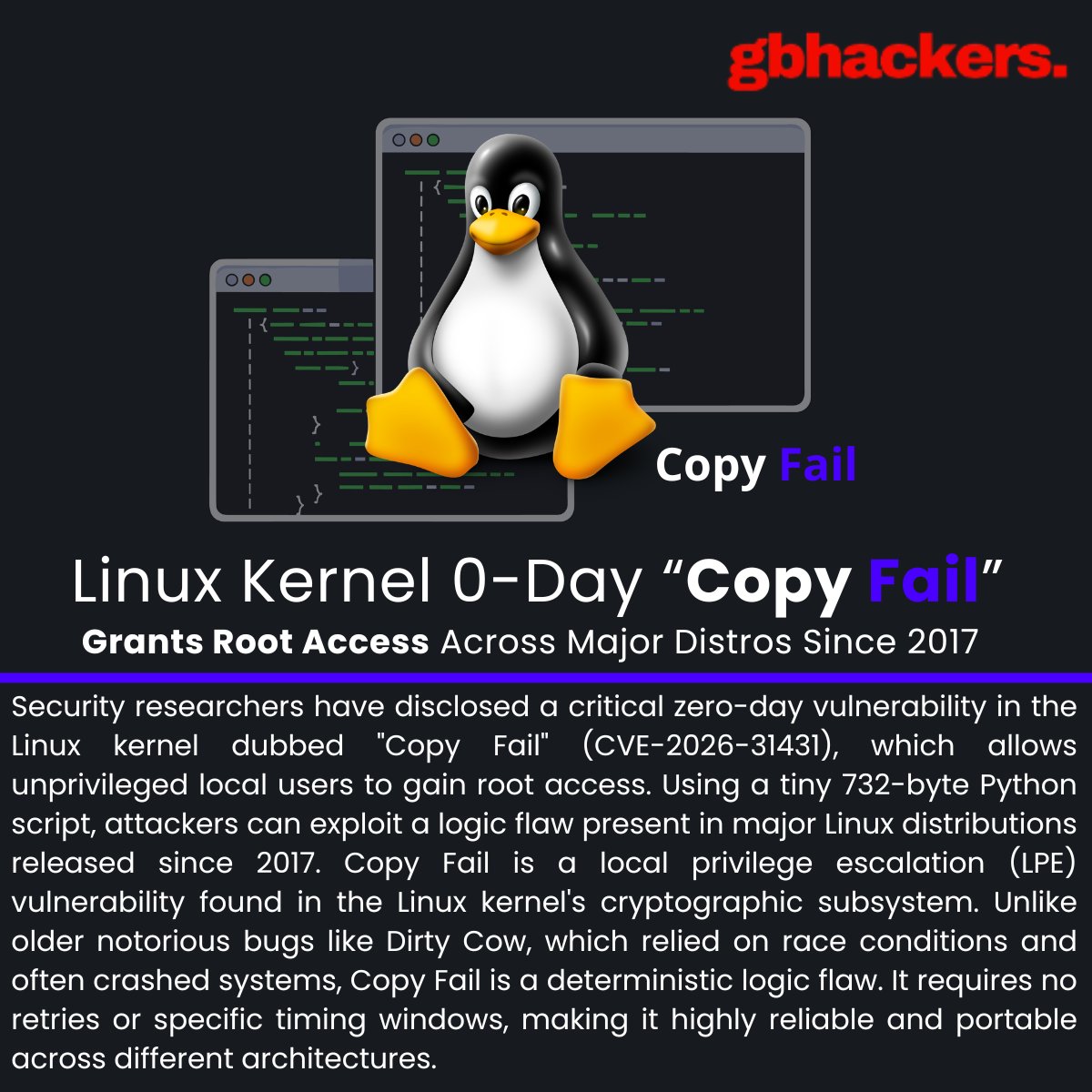 gbhackers_news's tweet image. ⚠️ Linux Kernel 0-Day “Copy Fail” Grants Root Access Across Major Distros Since 2017 | Source: gbhackers.com/linux-kernel-0… #cybersecuritynews