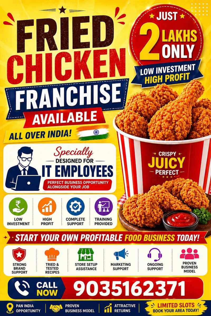 ChickenhuntIB's tweet image. Start Your Own Fried Chicken Business! 🍗

📞 Call Now: 9035162371
⚡ Limited Slots Available – Book Your Area Today!

#BusinessOpportunity #FranchiseIndia #FoodBusiness #StartupIndia #FriedChicken #EntrepreneurLife #SideHustle #InvestSmart