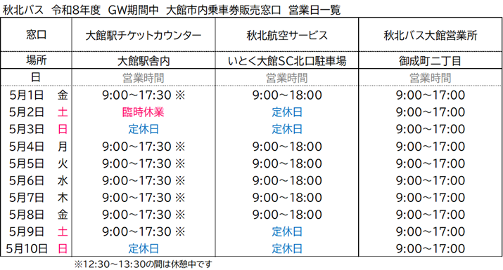 Shuhoku_Bus's tweet photo. 大館市得とく定期券は、R8.5.1より対象年齢・利用エリア・購入限度が大幅に拡充され、大館市に住所をお持ちであれば65歳未満の方でも秋北バスの路線バスが乗降り自由となります。

5.1より大館市内の乗車券窓口で販売を開始します。GW期間中の営業時間は添付画像の通りです。
https://t.co/HBnLUFzSWl https://t.co/h0MHsYtJBu